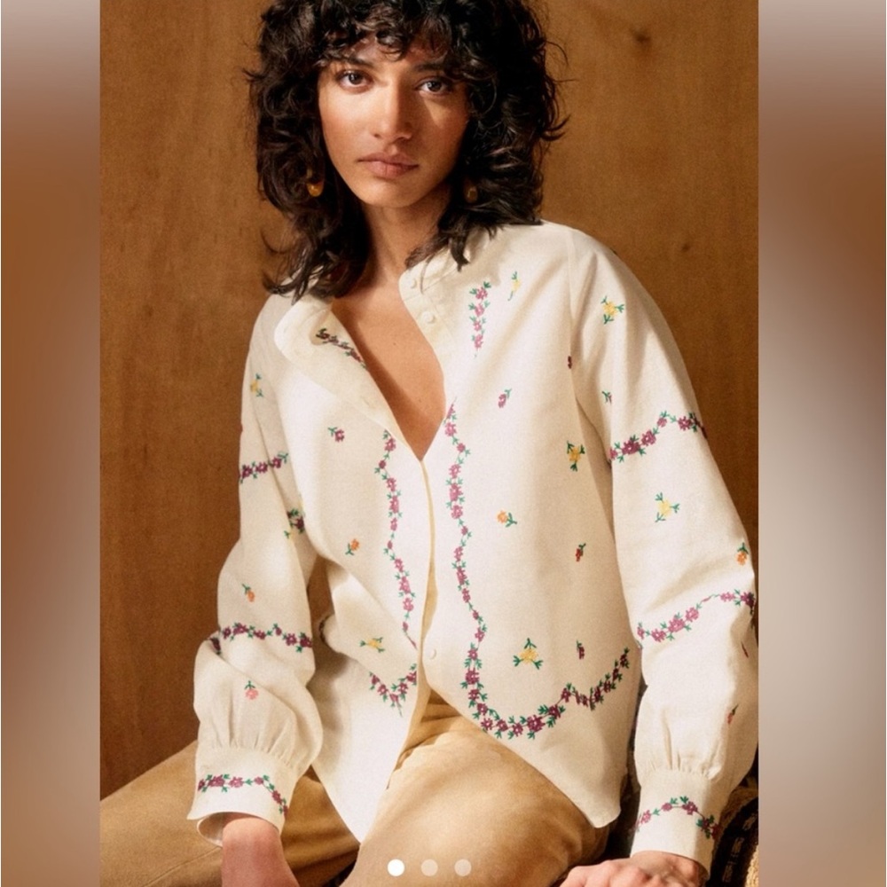 Sézane X Lucia Vergara - Elviro Shirt Ecru With Margarita Embroidery Sz 8/EU 40